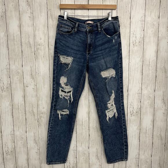 SO Low Rise Blue Distressed Ripped Thrashed Straight Boyfriend Jeans 11/30W - Picture 1 of 9